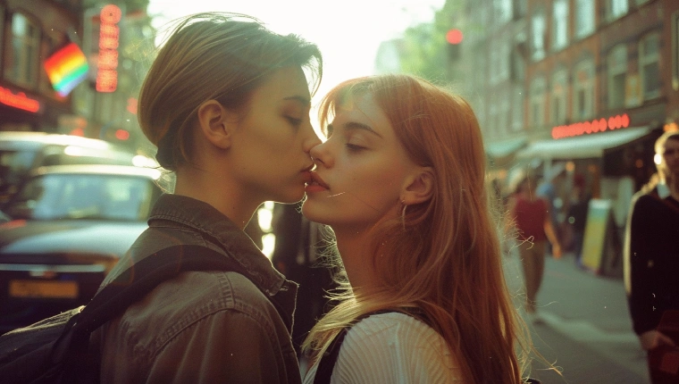 Two bisexual women about to kiss on a busy street with a pride flag in the background