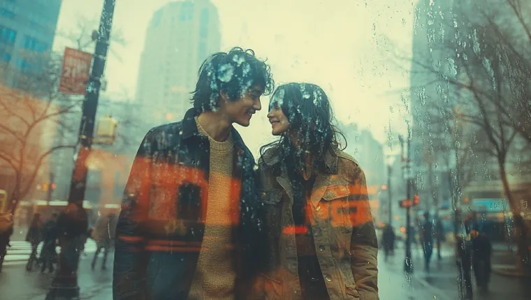 Couple on a rainy day, looking into each other's eyes and smiling, depicting PDA during a romantic date