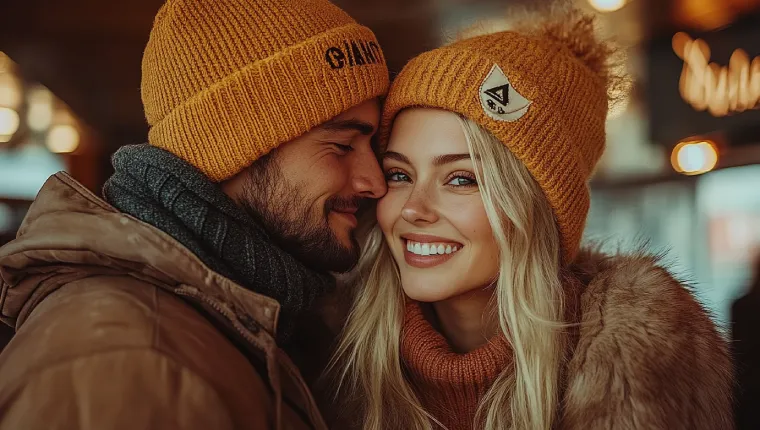 Smiling couple wearing matching winter hats, showing affection in a public space