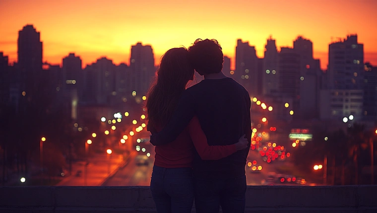 Couple embracing on a rooftop at sunset, illustrating romantic connection and how to make a girl fall for you