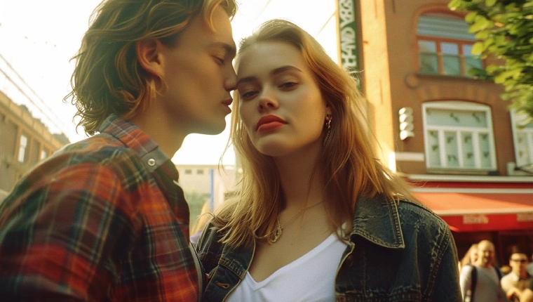 A bisexual woman and her partner embracing on a city street