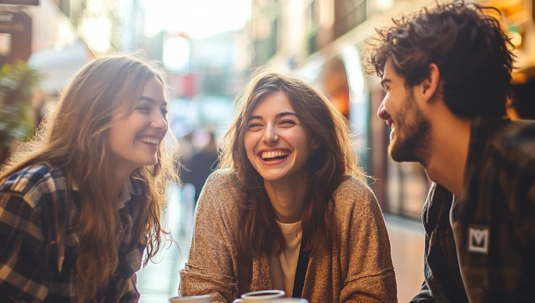 Three bisexuals on laughing and enjoying coffee together at an outdoor café