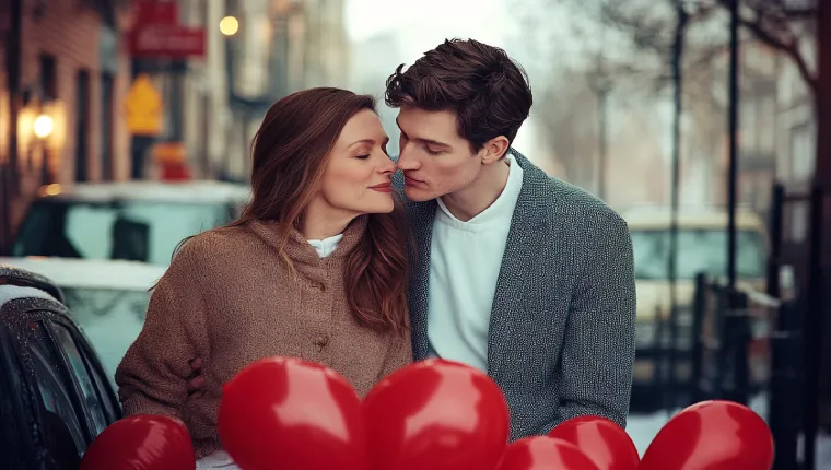 Young man and older woman embracing warmly at sunset