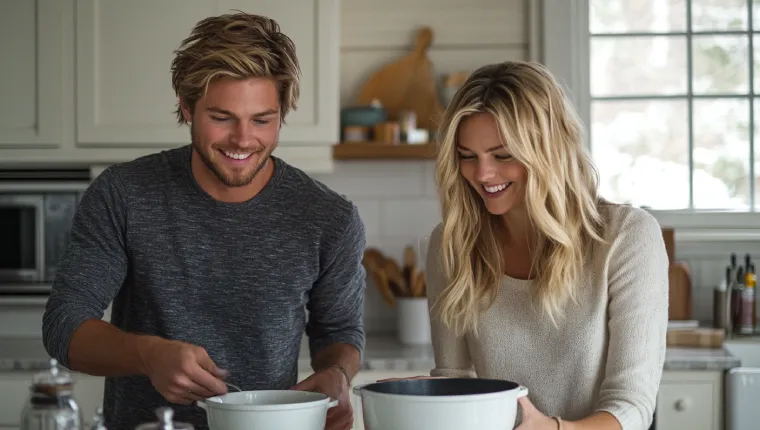 Happy couple cooking together in the kitchen, illustrating the intimacy in relationships