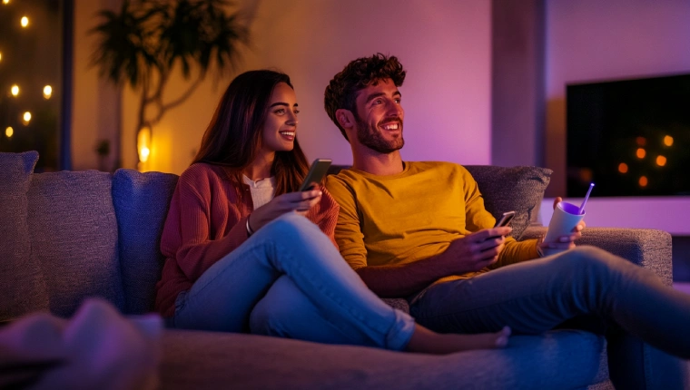 Couple enjoying a cozy evening together on a sofa, a comfortable and relaxed situationship