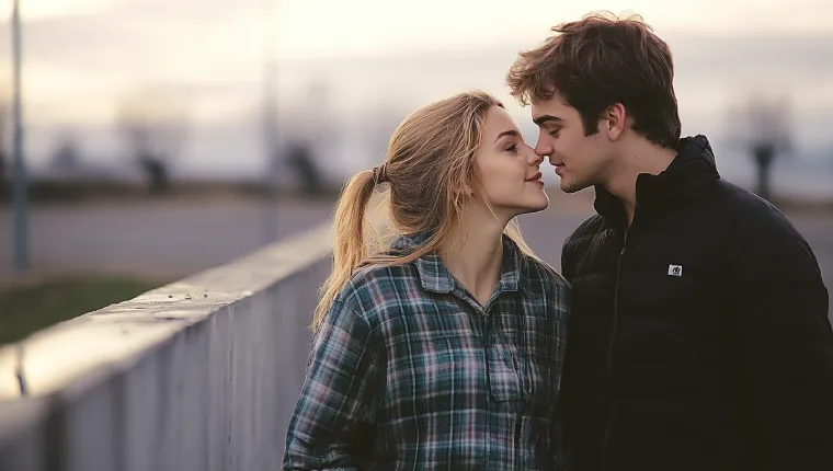 Young couple about to kiss while standing on a bridge, showcasing the excitement of dating